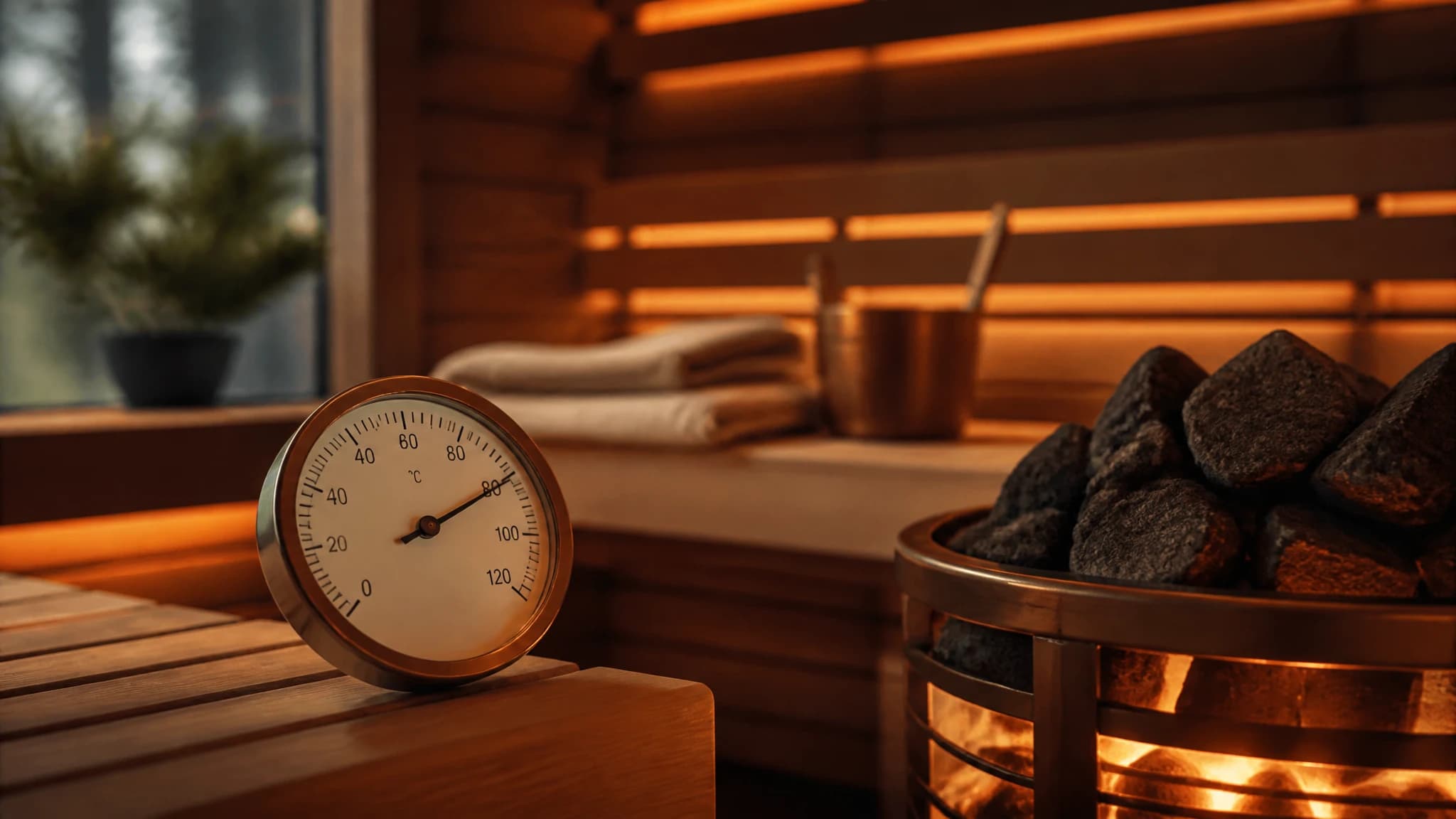 A wooden sauna interior with a glowing heater and an analog thermometer.