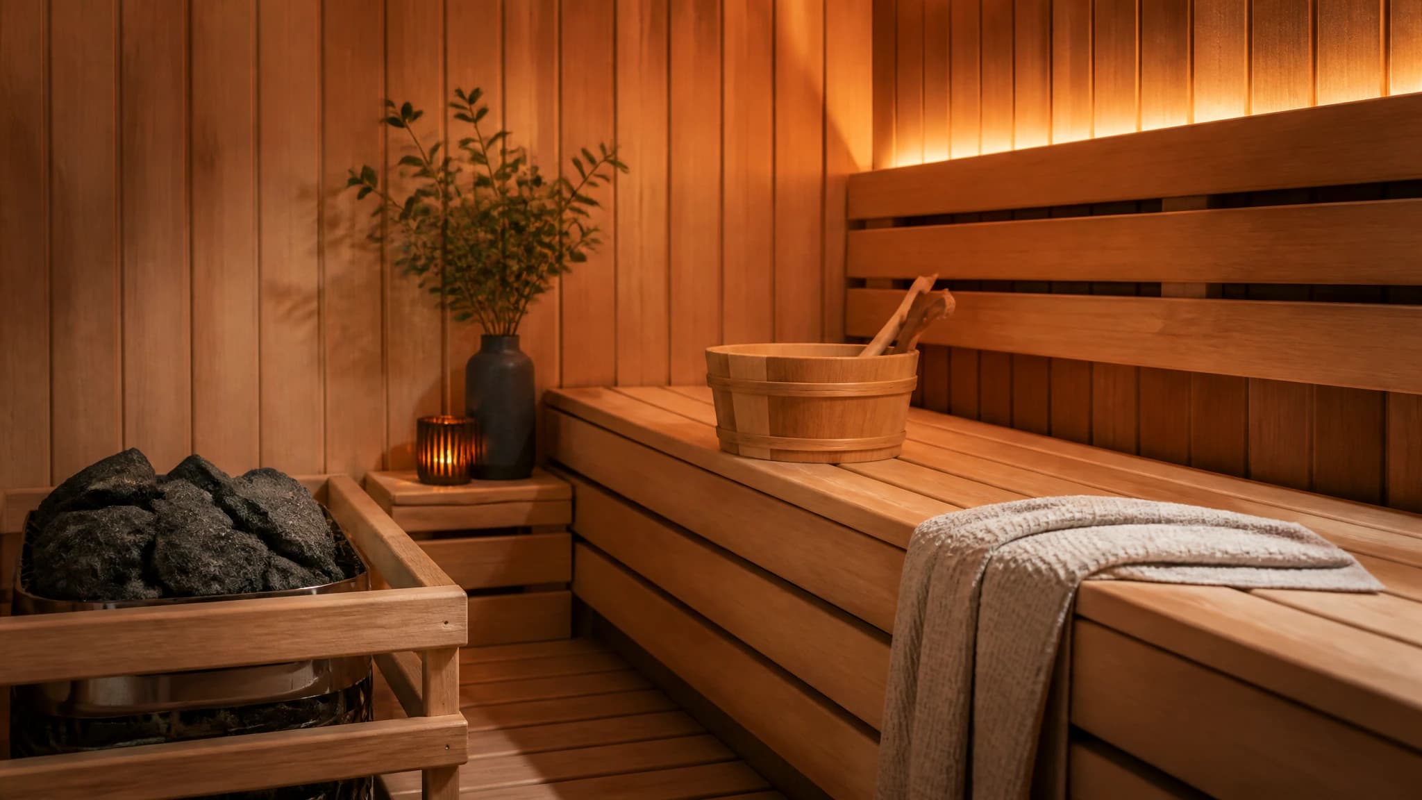 Inside a traditional wooden sauna showing a relaxing bench setup