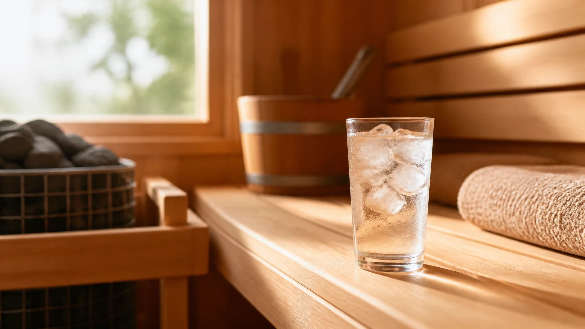 A glass of water on a wooden sauna bench