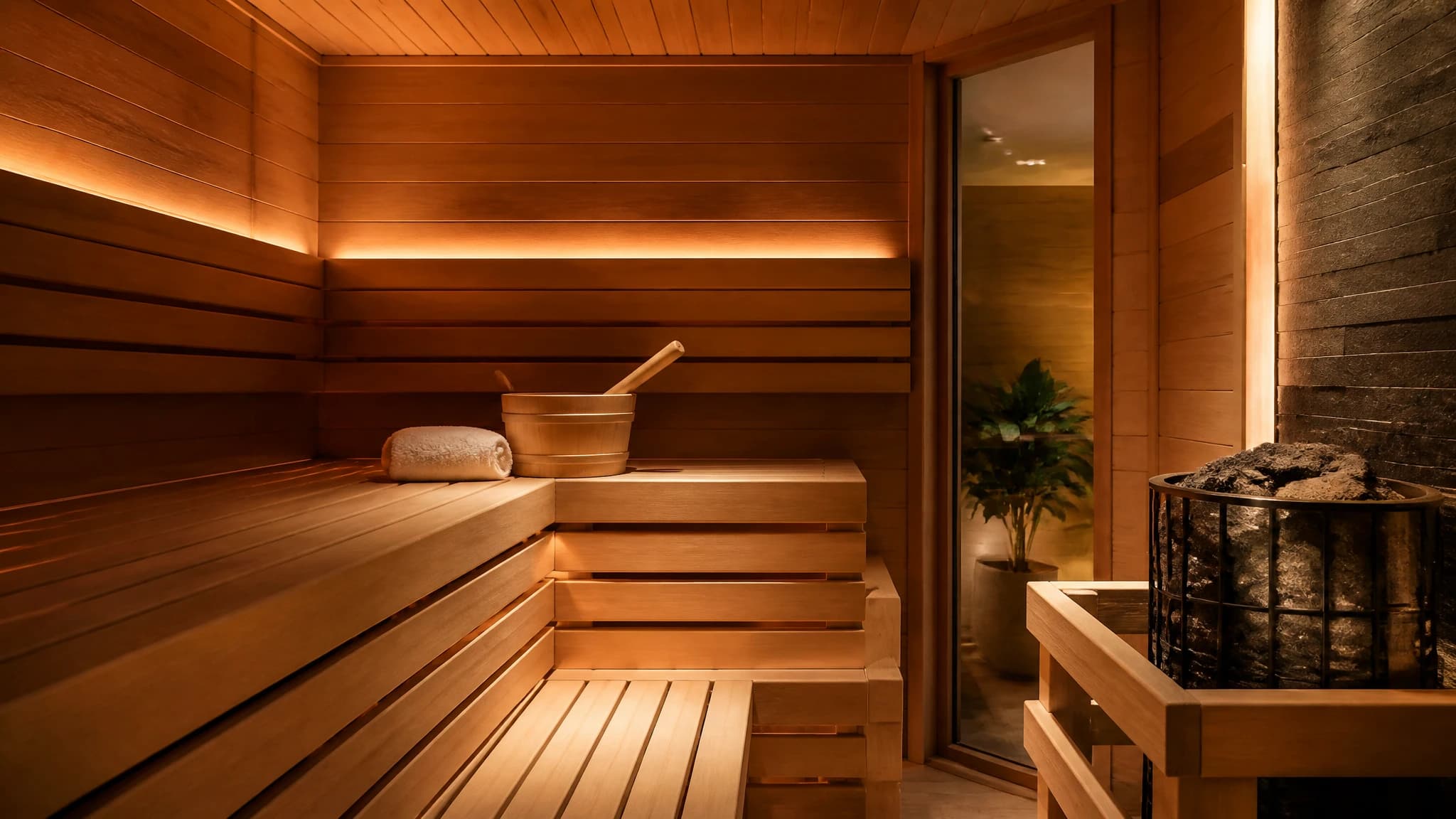 A warm and inviting wooden sauna interior