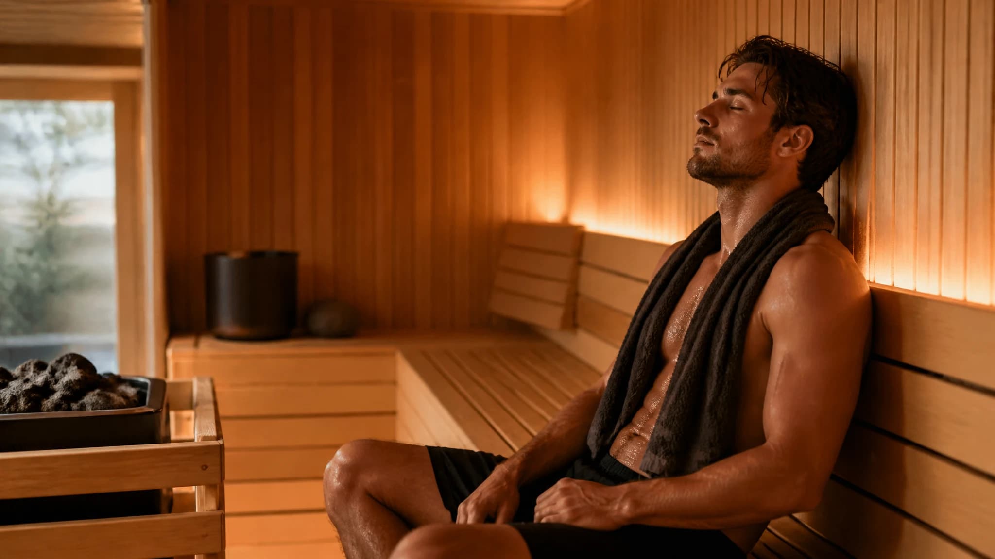 A warm and inviting modern wooden sauna interior used for muscle recovery.