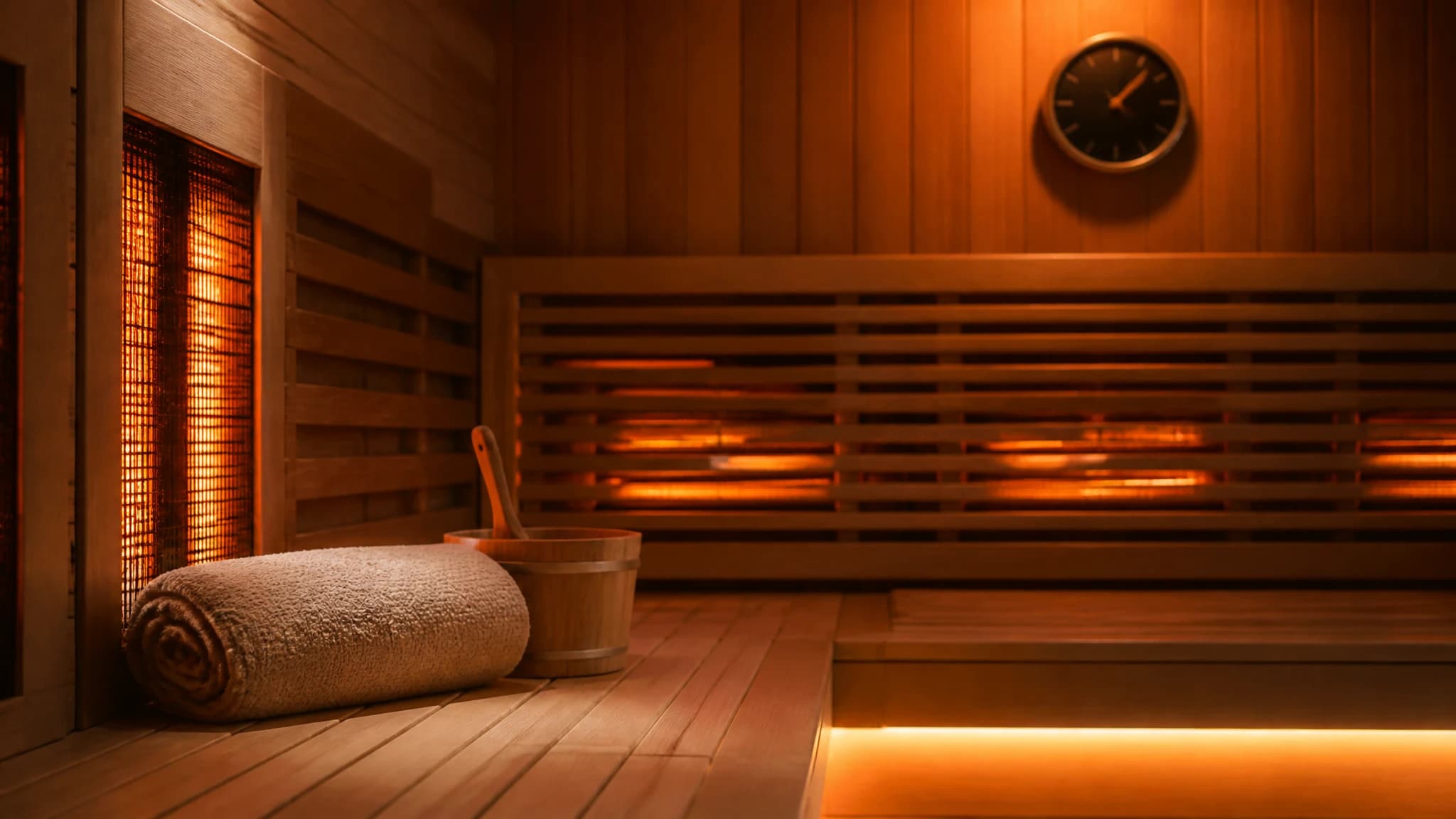 Warm infrared sauna interior with wood panels and soft orange lighting