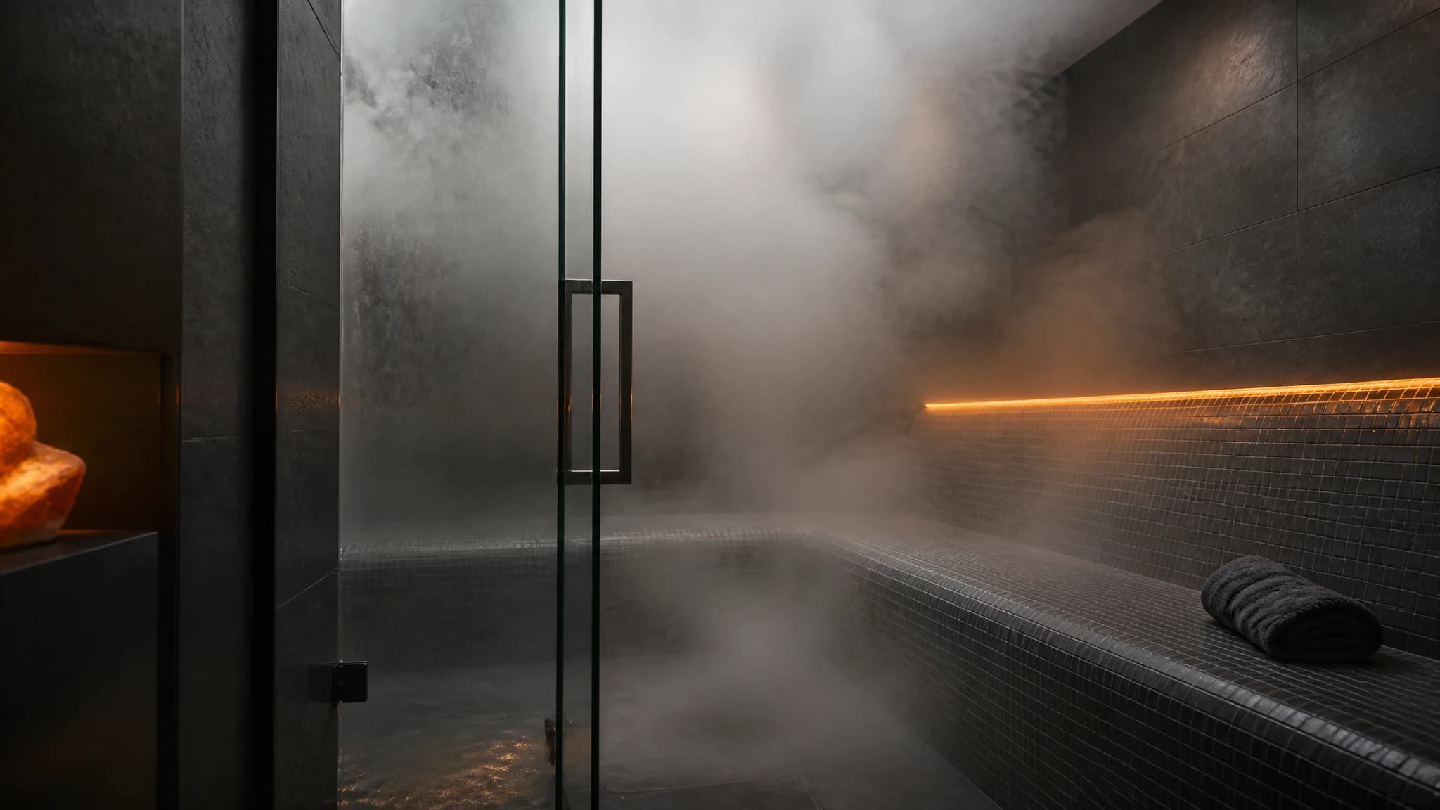 Interior of a modern steam room filled with thick mist