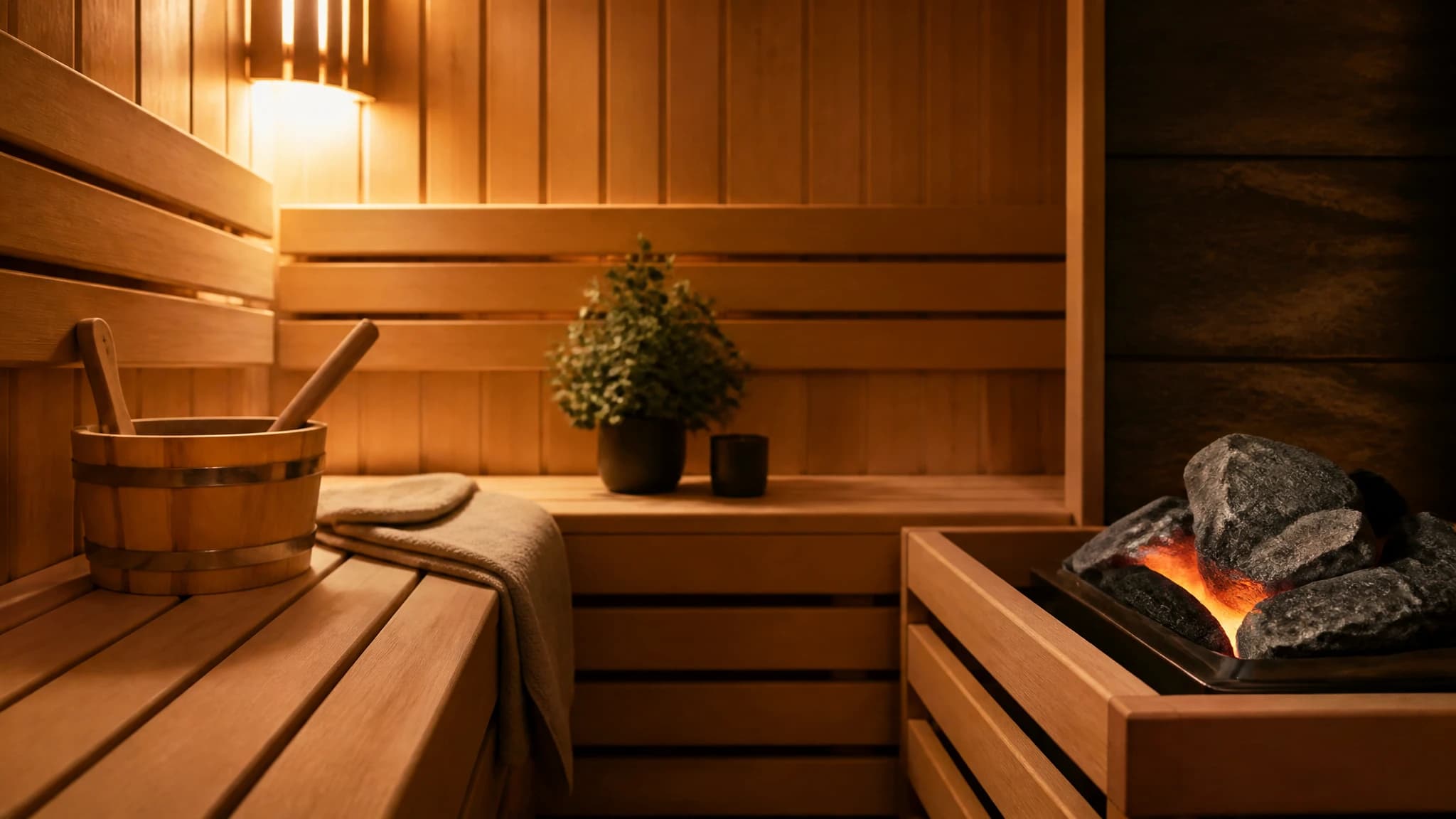 Interior view of a traditional wooden dry sauna with glowing heater stones.