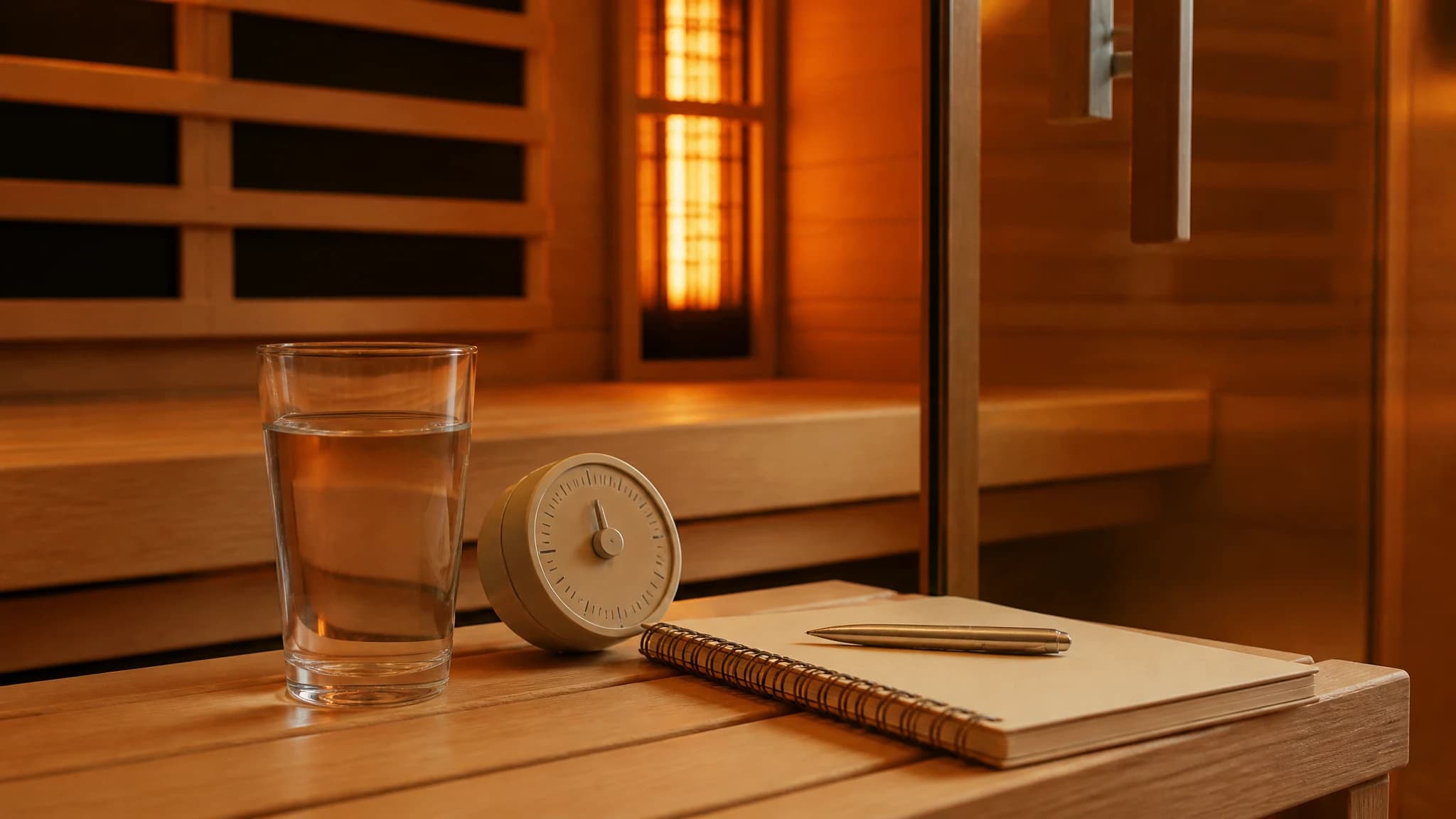 Water, timer, and notebook prepared for tracking an infrared sauna session