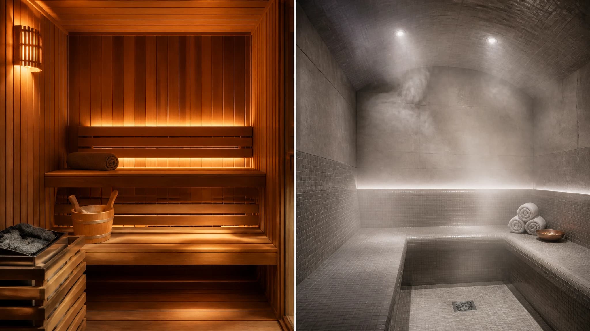 Split view comparing a dry wooden sauna and a tiled steam room