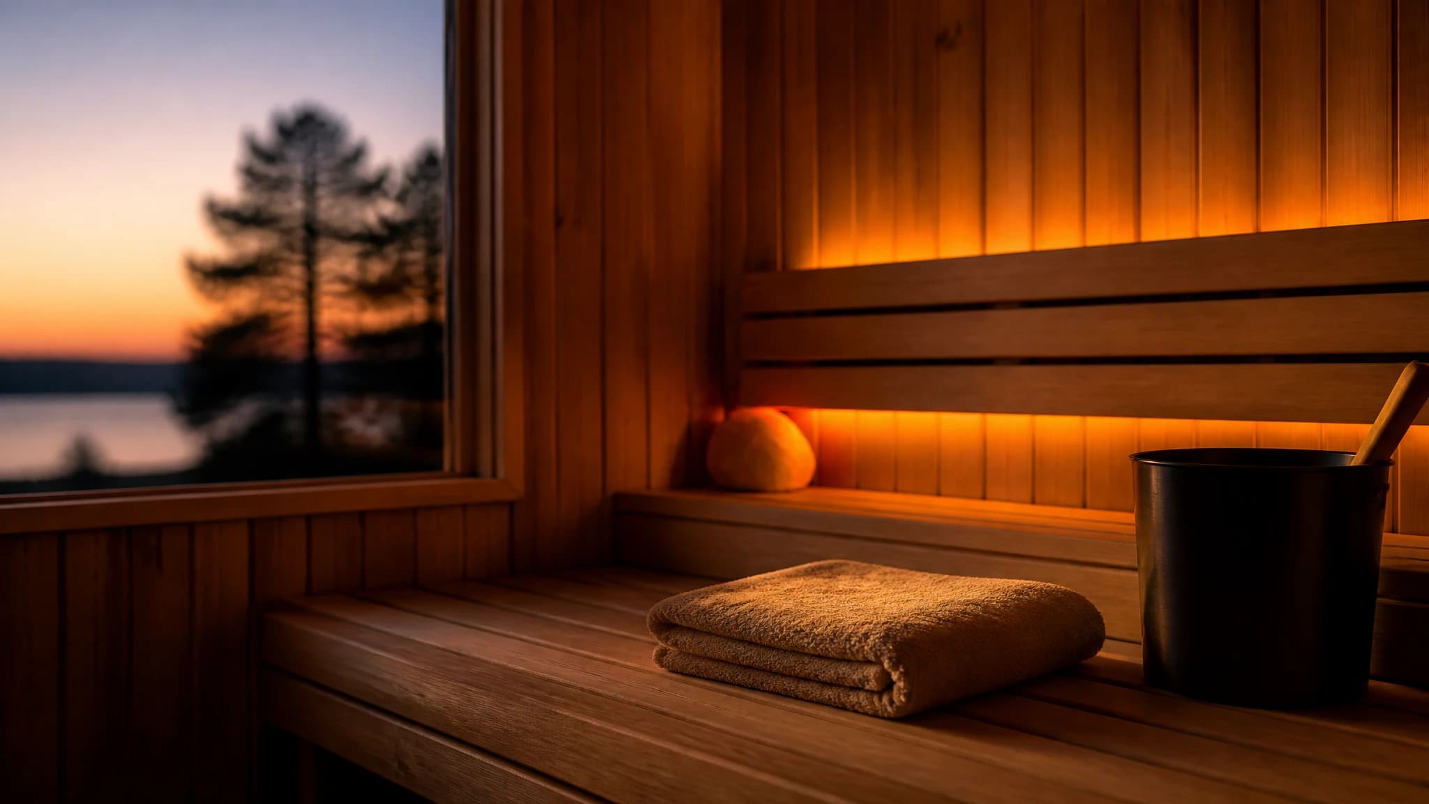 A calm sauna interior prepared for an evening relaxation routine