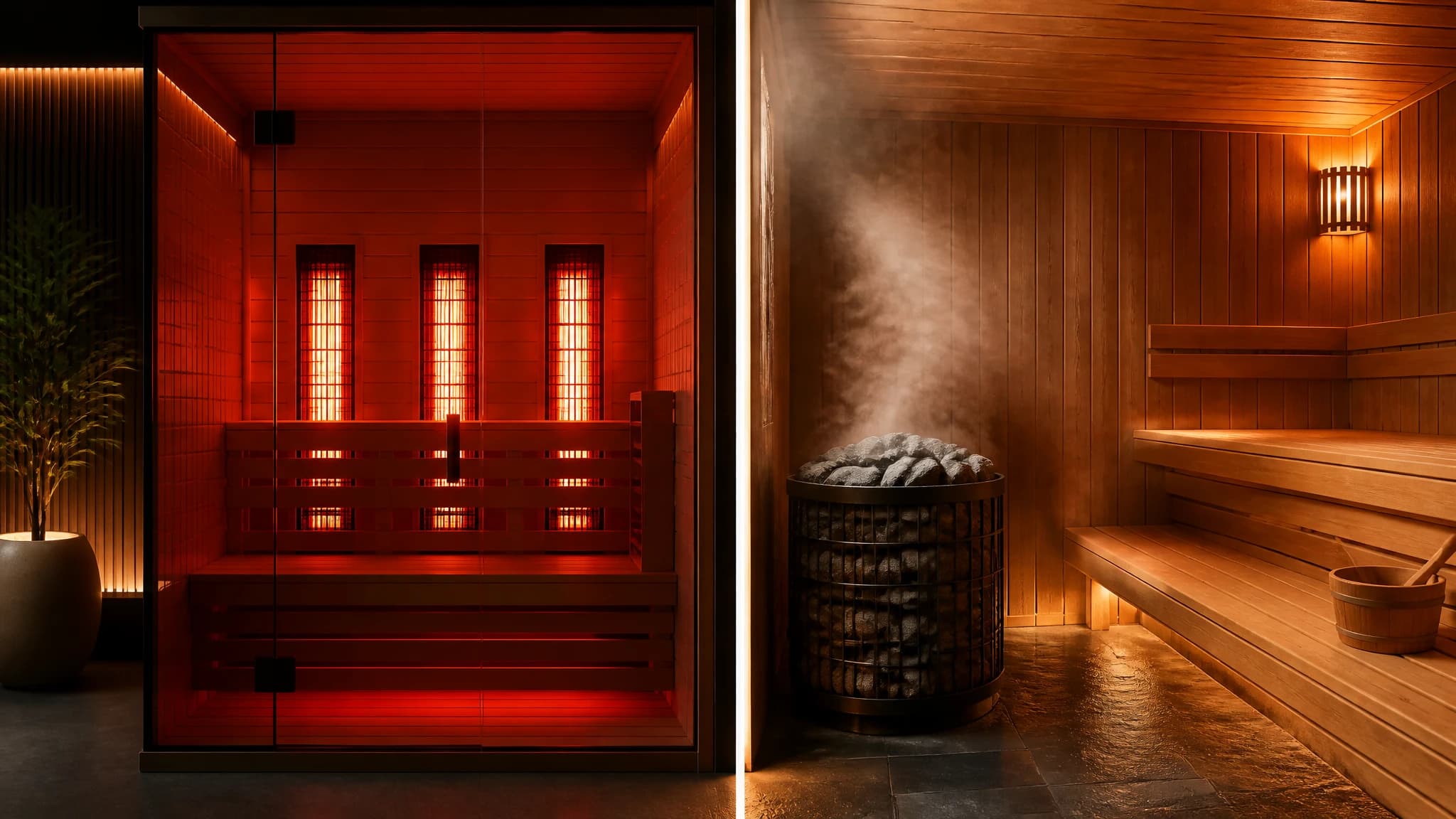 A split visual comparison between an infrared sauna and a traditional Finnish sauna.