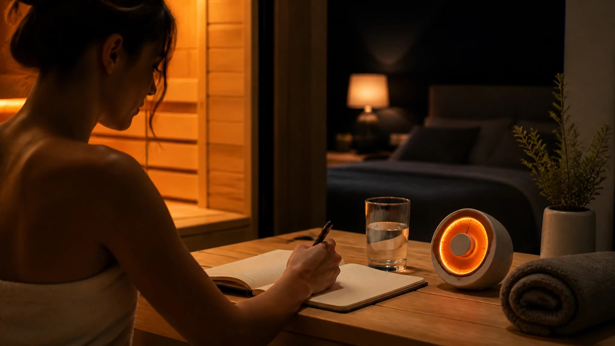 Evening sauna tracking setup with journal, water, and timer