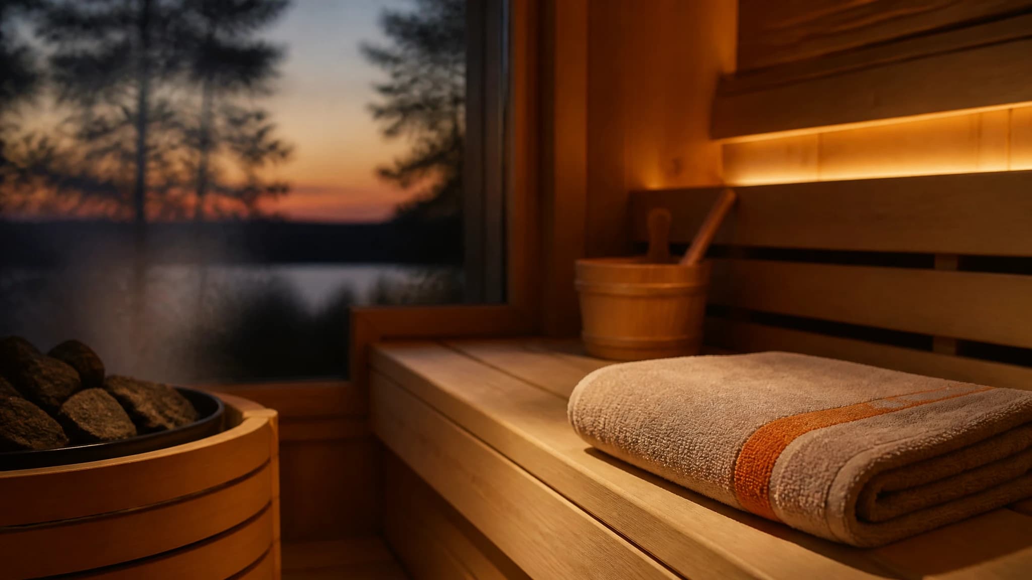 Warm evening sauna interior prepared for a relaxing pre-bed routine