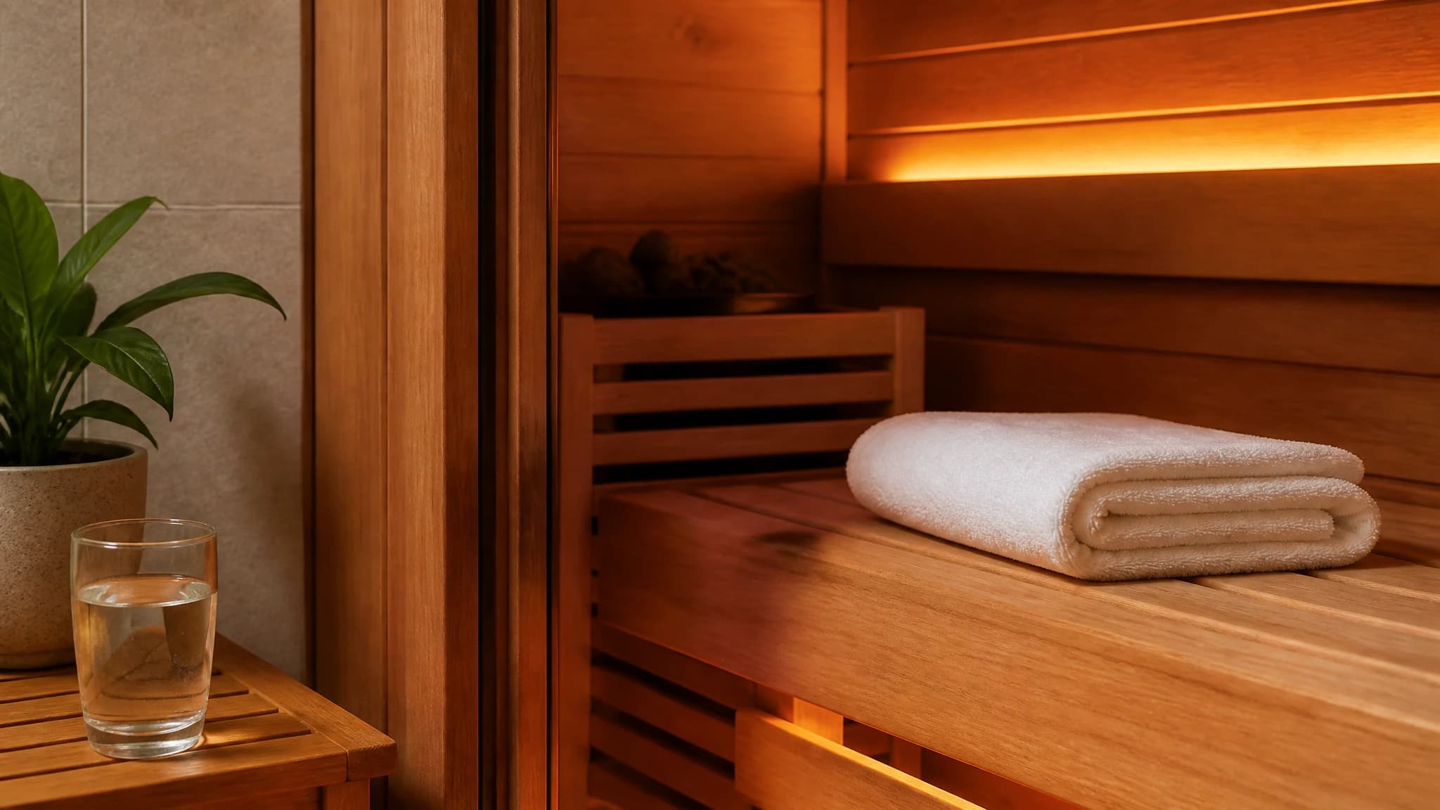Prepared sauna with a towel and water for a safe sauna routine