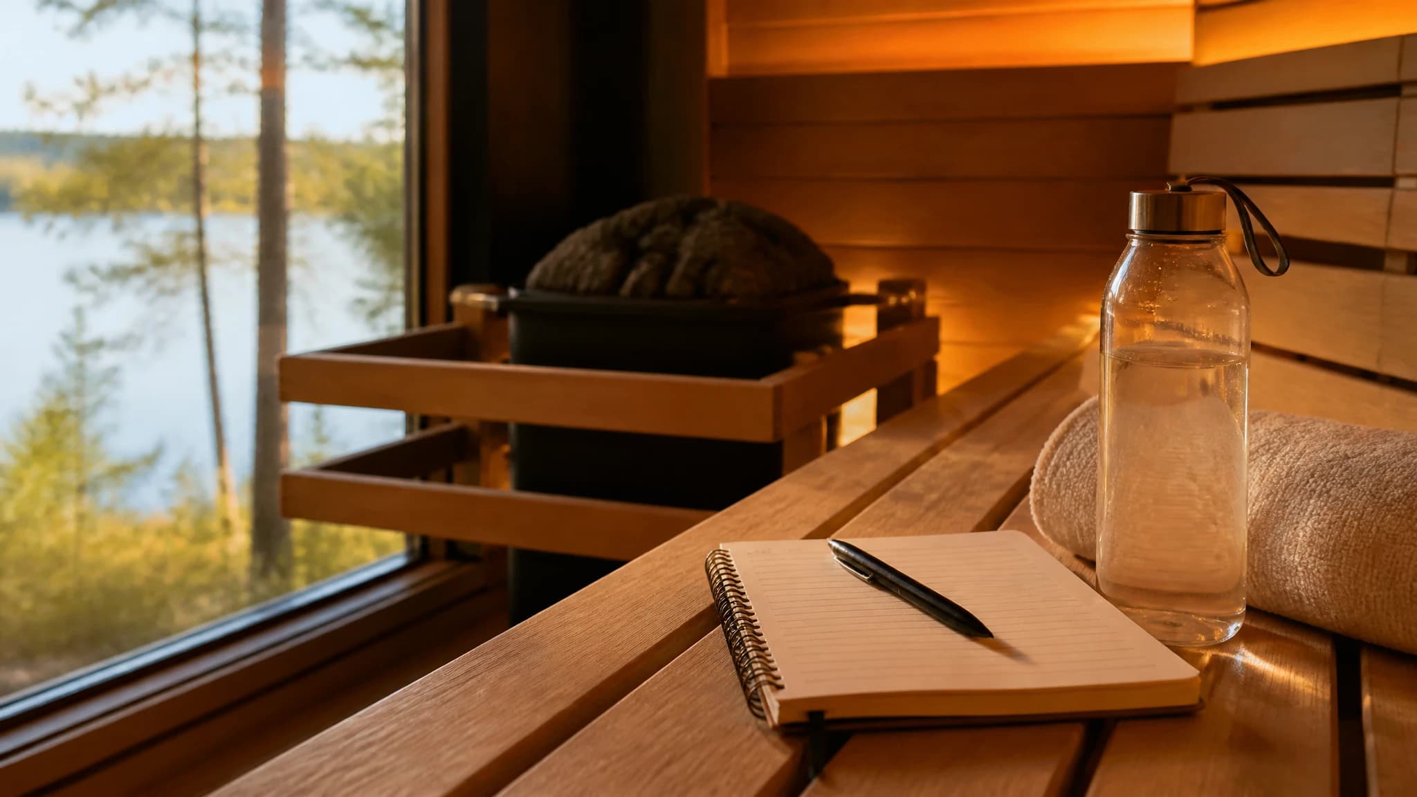 Notebook and water bottle beside a warm sauna bench