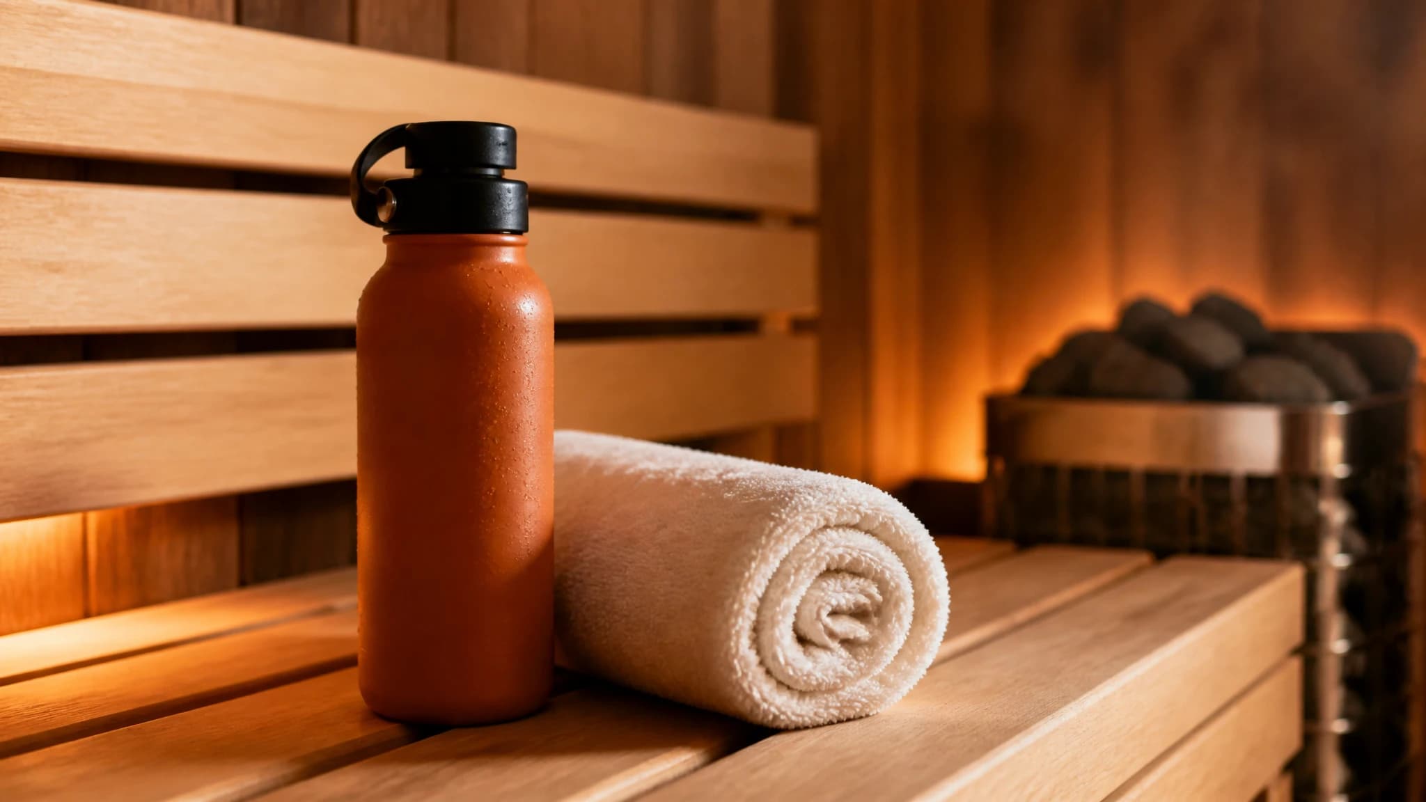 A water bottle and towel placed on a wooden sauna bench