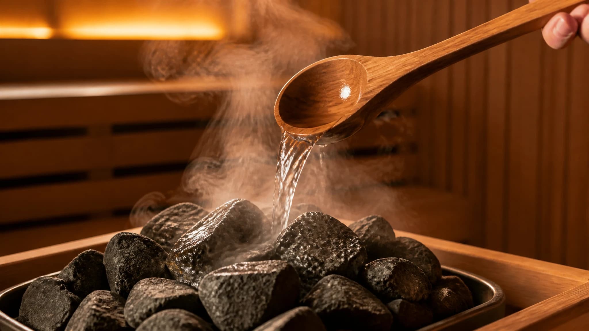 Water being poured over hot sauna stones
