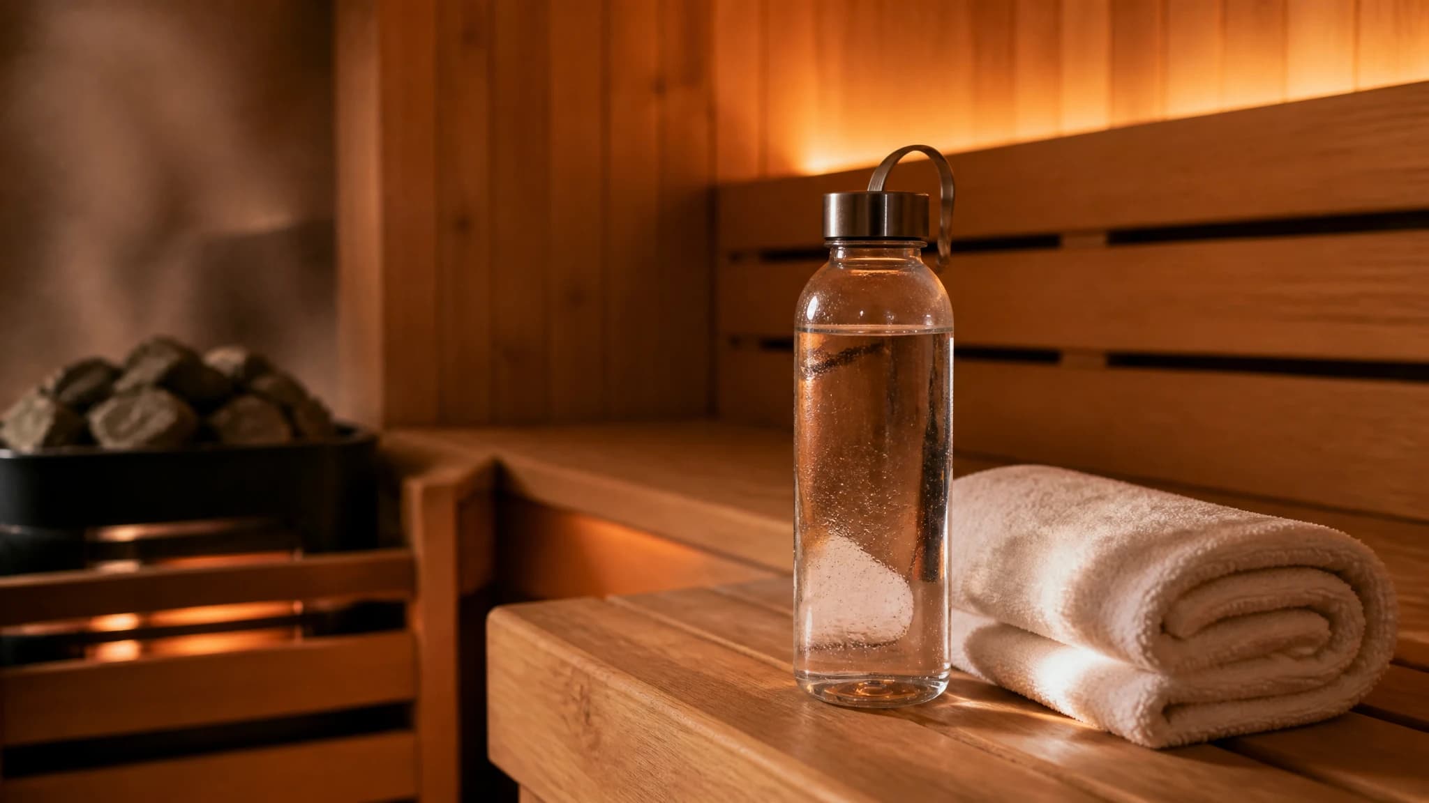 A glass water bottle and towel on a wooden bench inside a sauna.