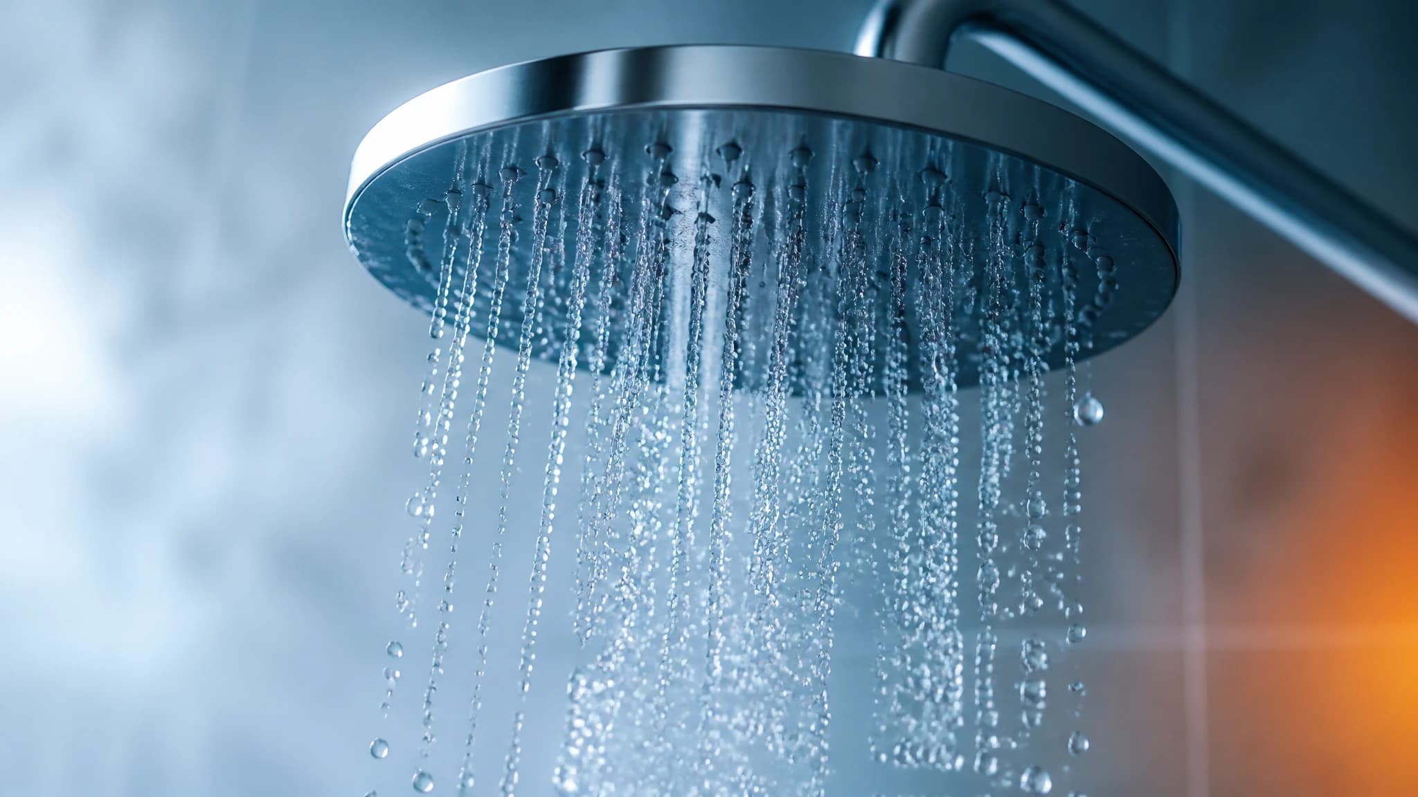 Cold water falling from a shower head.