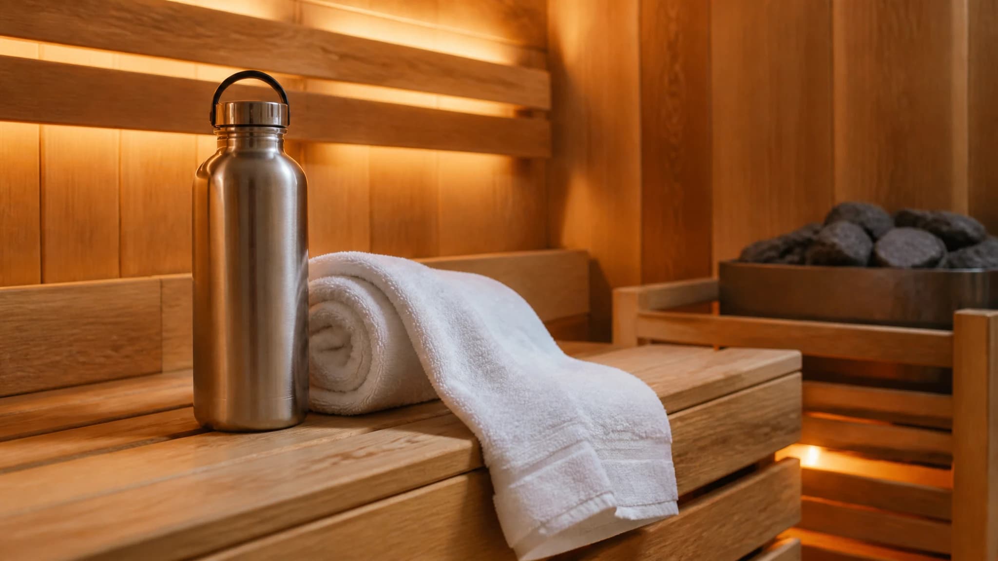 Gym towel and water bottle on a wooden sauna bench