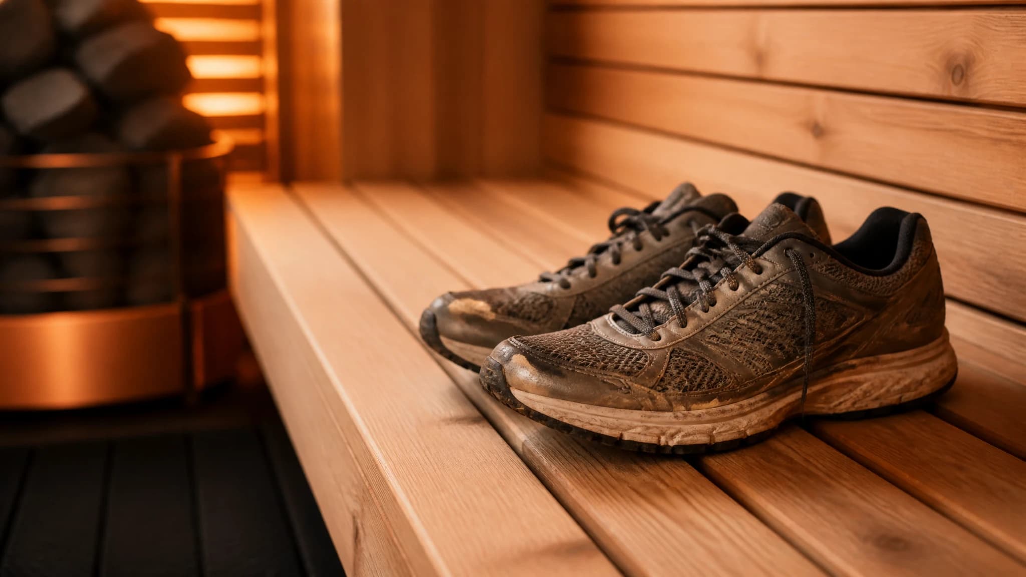 Running shoes sitting on a wooden sauna bench