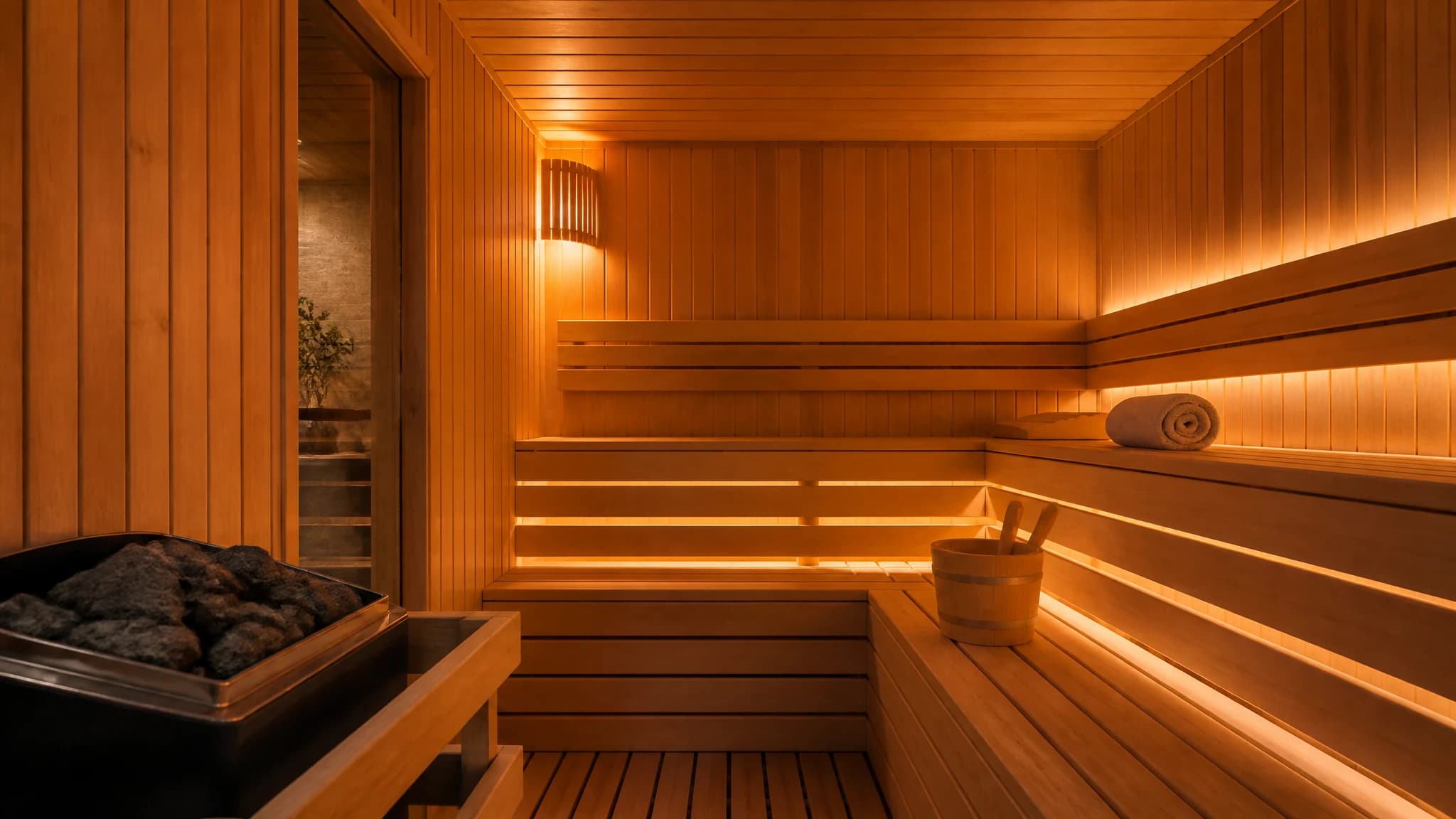 Traditional wood-paneled sauna interior with warm lighting