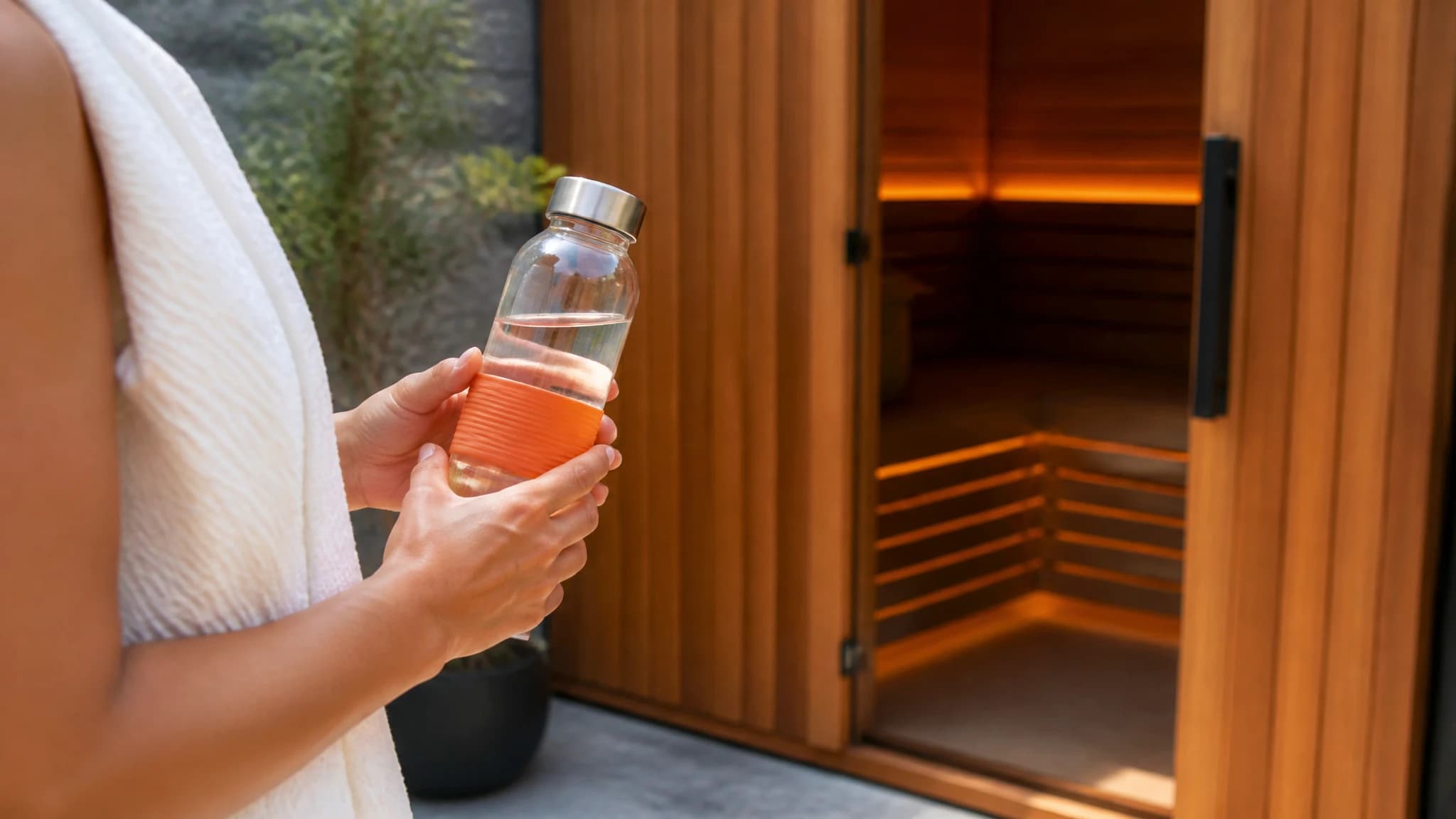 Holding a reusable water bottle before entering the sauna