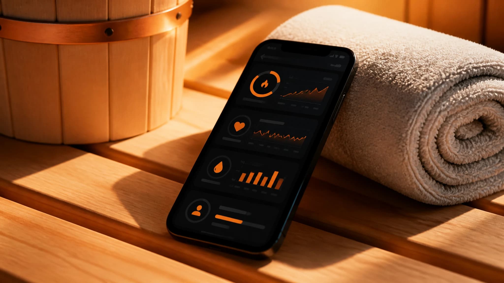 A smartphone showing a tracking app interface resting on a sauna bench.