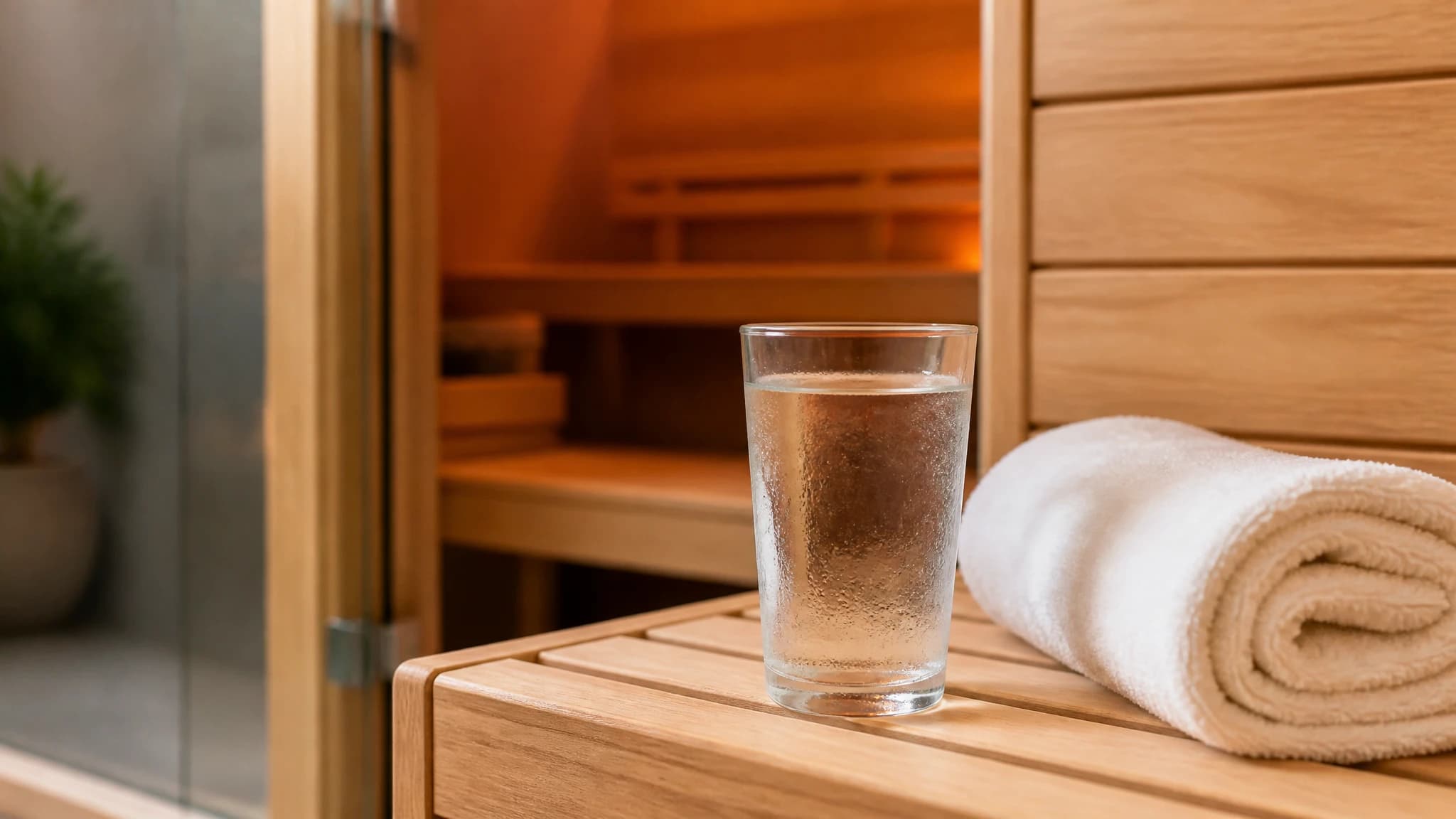 Glass of water and a towel on a wooden bench.