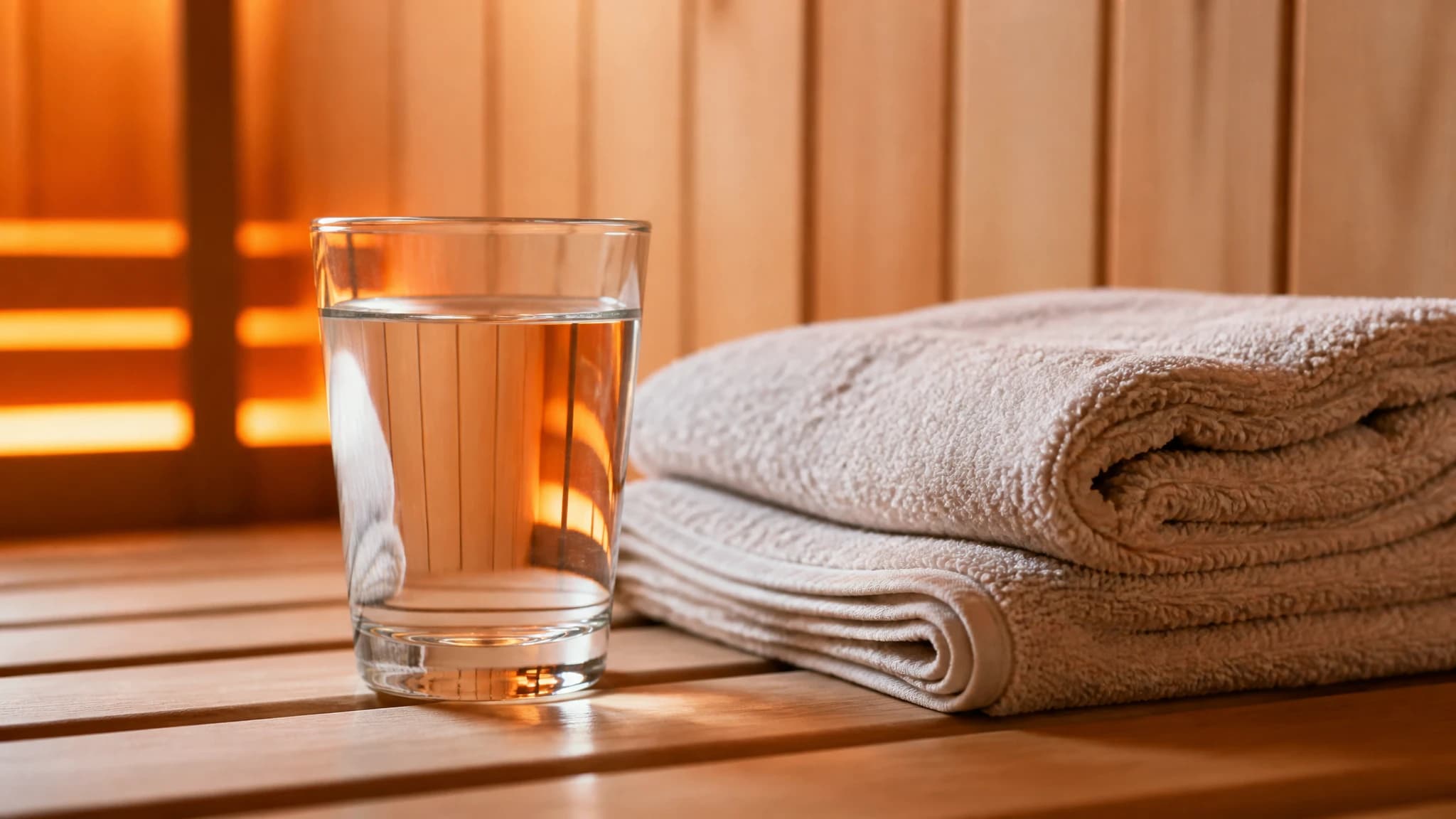 Water and towel prepared before a sauna session