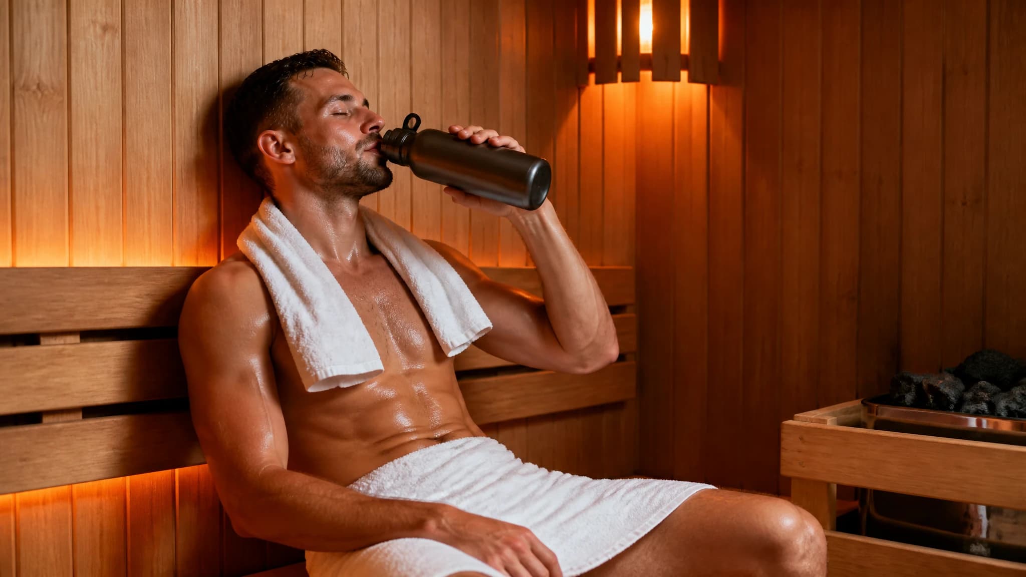 A person hydrating inside a sauna after a strenuous gym session.